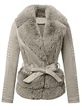 Pallivare Women's Faux Leather Jacket Winter Spring Motorcycle Biker Clothes Outfits Sherpa-Lined Coat with Removable Fur Collar 8831-a Grey M