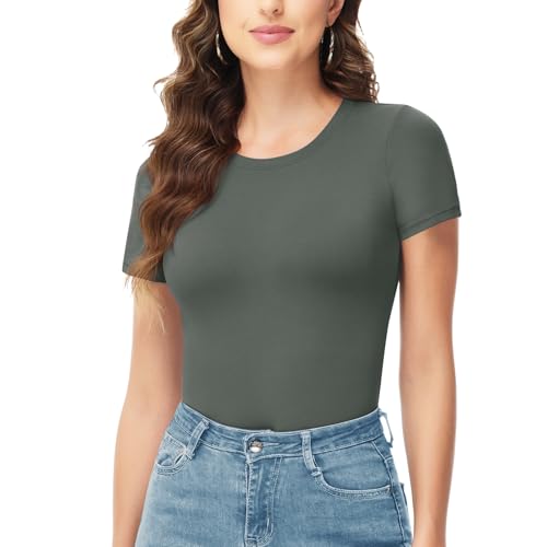 TNNZEET Bodysuits for Women - Black Bodysuit Women Tops Round Neck T Shirts for Women Fashion Body Suit Going Out Tops