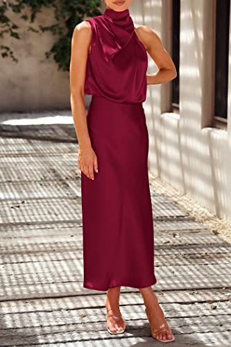 Image of PRETTYGARDEN Women's 2026 Summer Satin Dress Elegant Sleeveless Mock Neck Cocktail Party Maxi Dresses