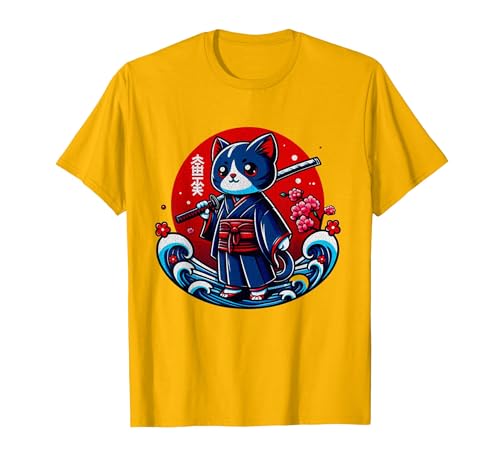 Image of Japanese Samurai Guerrero Guerrero Tattoo Kawaii Cat Ninja T-Shirt, Men, Golden Yellow, Medium