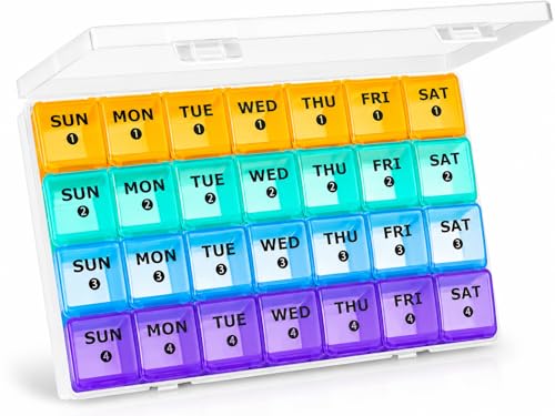 Mossime Large Monthly Pill Box Organiser 4 Week Pill Boxes 7 Day 1 Times a Day Compartments Tablet Organiser Box 28 Day with Dust-Proof Case Vitamin Meds Supplement Container for Family