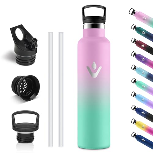 Vikastar Botella Termica, 1000ml sin BPA, Botella Agua Acero Inoxidable, a Prueba de Fugas, Cantimplora, Reutilizable, Botella de Agua para Deporte, Oficina, Ciclismo, Gimnasio, Rosa & Verde