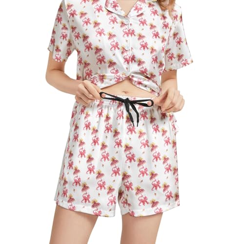 Image of Silk Satin Pajama Set for Women Summer Lounge Pjs Sets 2 Piece Suit Ladies Button Down Tops And Shorts Sleepwear