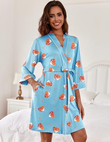 Image of Ekouaer Women Kimono Robes Knee Length Knit Bathrobe Lightweight Soft Sleepwear V-neck Casual Ladies Loungewear