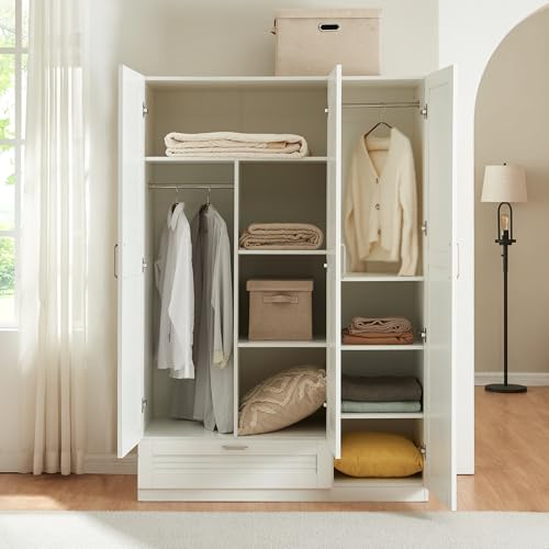 [en.casa] Armoire de Chambre avec 2 Barres de Penderie 7 étagères 1 tiroir Garde-Robe Placard Meuble de Rangement MDF 176 x 120 x 52 cm Blanc