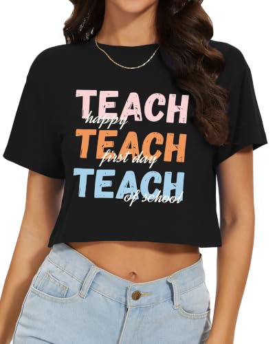 Image of Womens Crop Tops Summer Short Sleeve Round Neck T-Shirts Loose Fit Blouse