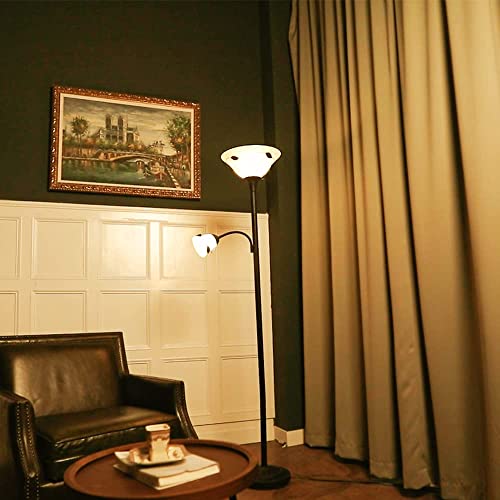Torchiere Floor Lamp Tiffany Style W/ Side Reading Light, 3-Way Switch Combo Antique Bronze Mother Daughter Floor Lamp W/ Glass Shade, 71" Reading Floor Lamp For Living Room Corner Bedroom Home Office #TOP7