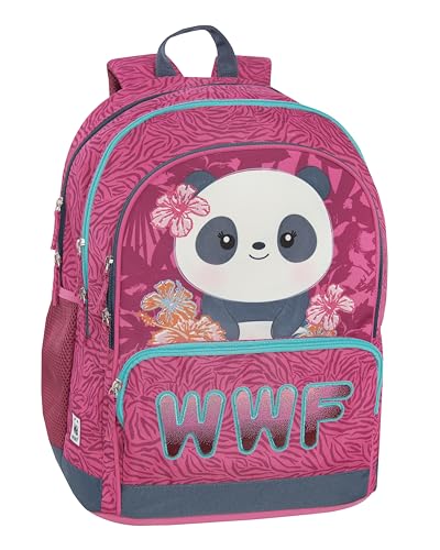 WWF - Mochila escolar oficial WW para niños y adolescentes, con 2 amplios espacios centrales y 2 bolsillos frontales con cierre de cremallera, correas ajustables y acolchadas, respaldo acolchado, 32 x
