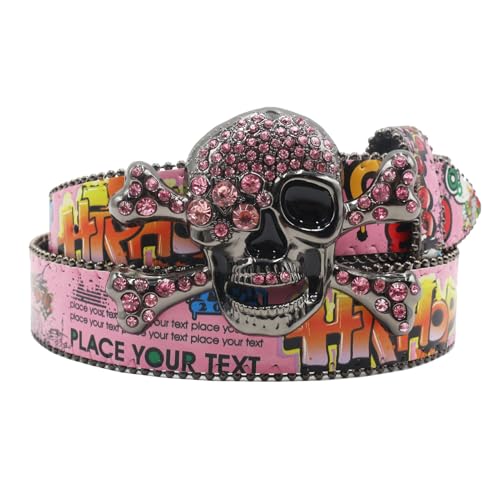 Graffiti Pattern Western Belt for Women Men, Shining Skull Head Rhinestones Studded Wide Buckle Punk Waist Strap(115cm/45, Pink)