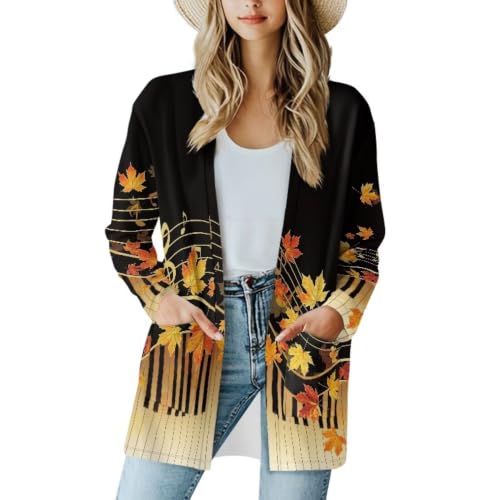 Image of Fall Maple Leaf Cardigan Sweaters for Women Long Sleeve Cardigan Soft Drape Open Front Dusters V-Neck Jackets Dressy
