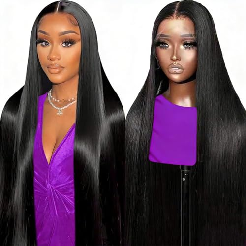 UPIGUILK 32 Inch Straight Wigs Human Hair13x6 HD Transparent Straight Lace Front Wigs Human Hair 200 Density Glueless Straight Human Hair Wig Pre Plucked with Baby Hair Natural Black