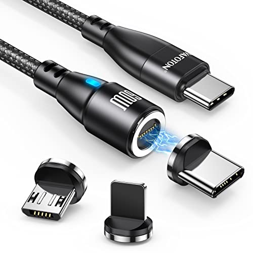 VAFOTON Câble de charge magnétique super rapide 60 W 2 m USB-C vers type C (60 W)/iProduct (20 W)/Micro (18 W), Câble de données magnétique 3 en 1 pour Samsung S22/ordinateur portable/l-Pad Cover