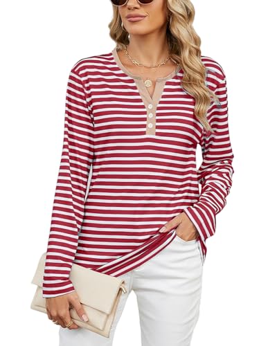 Atxnn Camiseta Mujer Rayas Blusa de Manga Larga Top con Cuello en V y Botones Camisa Bloque Color Casuales Túnica para otoño Primavera, STRIPEDRED XXL
