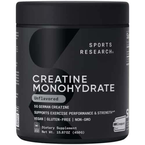 Sports Research Creatine Monohydrate Powder w/Creapure - Gain Lean Muscle Improve Performance & Support Workout Recovery* - 5g German Creatine NSF Sport Easy Mixing - 90 Servings (Unflavored)