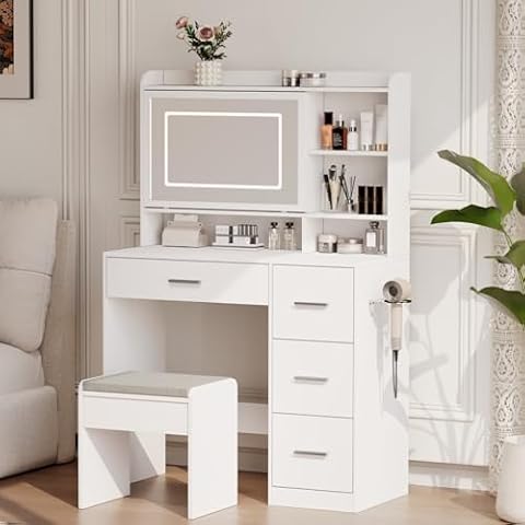 Viaozutis Vanity Desk with a Mirror and Lights，with Chair and Four Drawers, Three Adjustable Lighting Modes，with Power Outlet and Sliding LED Mirror,Bedroom Vanity Desk (White) Cover