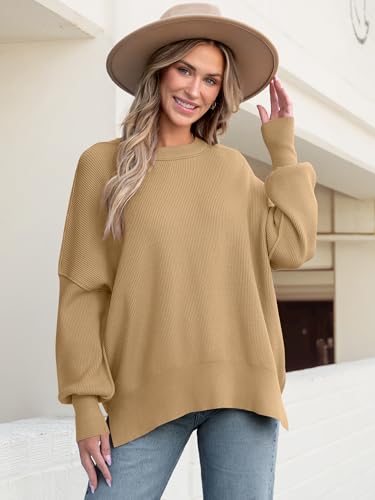 Image of ANRABESS Women Oversized Sweaters Batwing Long Sleeve 2026 Fall Outfits Crewneck Casual Knit Side Slit Fashion Pullover Top