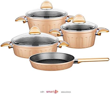 Hisar 7 Pieces Granite Look Non-Stick Pot and Pan Cookware Set (Golden)