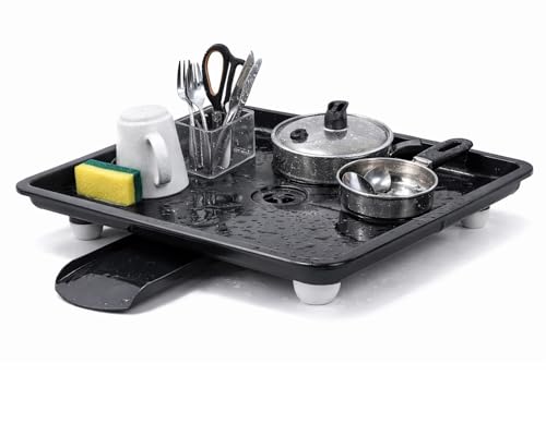 Image of SmartSlide Dish Drainer Tray for Kitchen Sink | Plastic Utensil Drying Tray with Water Drain Spout | Countertop Dish Drying Stand (12 x 17 Inch) (Black)