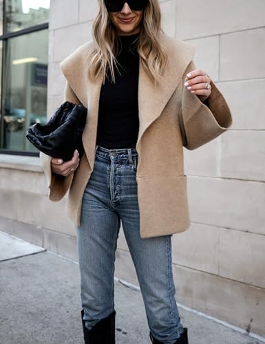 Hooever Women's Cropped Pea Coats Oversized Sweater Cardigan Lapel Open Front Fall Winter Shawl Collar Knit Sweater3