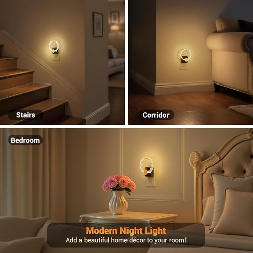Image of JandCase Night Light, Night Lights Plug into Wall, Dimmable Nightlight | 2 Pack,Dusk to Dawn Sensor, 180 Rotatable Round Plug in Nightlights, LED Circle Acrylic Night Light for Bathroom Kids
