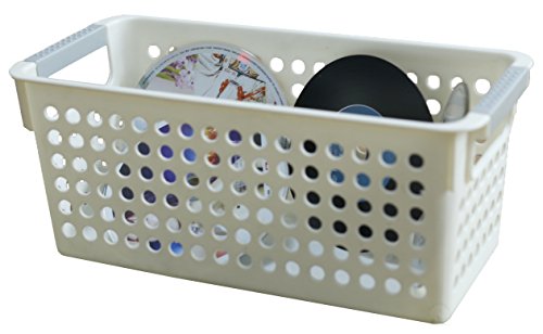 Image of Basicwise Rectangular Plastic Storage Basket with Easy-Grip Handles Ventilated Organizer Bin for Bathroom Pantry Closet Laundry Kitchen Shelves Countertops and Home Organization Essentials, White