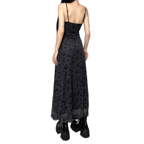 Women Vintage Floral Print Spaghetti Strap Maxi Dress Dark Gothic Sheer Mesh Sleeveless Bodycon Dresses for Party Club3