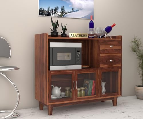 Image of Wood Kitchen Crockery Cabinet with Glass Door | Wooden Sideboard Cabinets Living Room | Crockery Unit, Dining Room Furniture, Chest of Drawers, Honey Finish