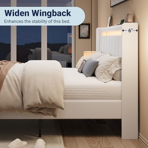 Image of Allewie Full Size LED Bed Frame with Charging Station, Velvet Upholstered Platform Bed with Geometric Wingback Headboard, Modern Frame with No Box Spring Needed, Easy Assembly, White