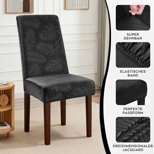 Alishomtll Stuhlhussen 6er Set Universal Stretch Kurzflor Stuhlhussen Schwingstuhl Elastische Abnehmbare Blättern Stuhlbezug Waschbarer Hussen für Stühle für Esszimmer Hotel Bankett (Schwarz, 6 Stück)