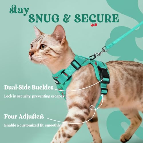 Image of rabbitgoo Cat Harness and Leash Set, Escape Proof Vest, Cherry Grove | Soft Breathable Mesh, Easy Adjustable Fit, Snap Buckles, Sturdy Clip, Reflective Strips, for Medium to Large Cats Walks, M