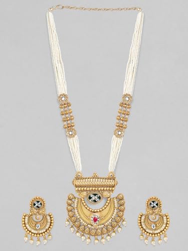 Image of Rubans Pearl Long Necklace Set Gold Plated Traditional Stylish Jewellery Gift for Women & Girls