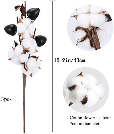HUAESIN 3pcs Dried Flowers Natural Cotton Flowers 5 Heads Artificial Fake Silk Cotton Flowers Branches Stems Balls Decor for Vase Display Home Wedding Floral Arrangement White