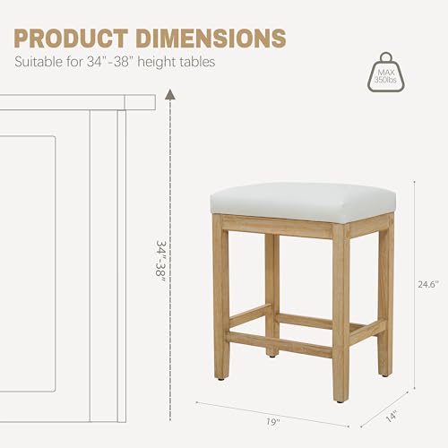 Image of RNKSFX Counter Height White Bar Stools Set of 2 for Kitchen Counter Farmhouse Modern Barstools with Faux Leather Upholstered Backless Seat and Solid Wood Legs 24 inch Bar Chairs, White + Wood Color
