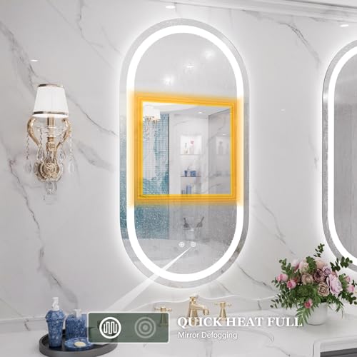 Image of WallBeyond LED Bathroom Mirror with Lights, 16 x 32 Inch Oval Led Bathroom Vanity Mirror for Wall with Front and Backlit, Anti Fog Mirror for Bathroom, 3 Colors and Dimmable Light, Horizontal /Vertical