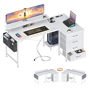 ODK Hoekbureau, L Vormig Bureau met 2 USB-laadpunten en 2 Stopcontacten, Omkeerbaar Computerbureau met 4 Laden en Schermplank Home Office