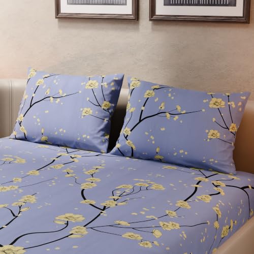 Image of BLISSHOME SoftTouch 140TC Cotton King Size Fitted Bedsheet with 2 Pillow Covers, Silky Smooth Bedding Set, Breathable, Easy Maintain, Floral Print - Lavender, Yellow (182cm x 198cm x 25cm Drop)