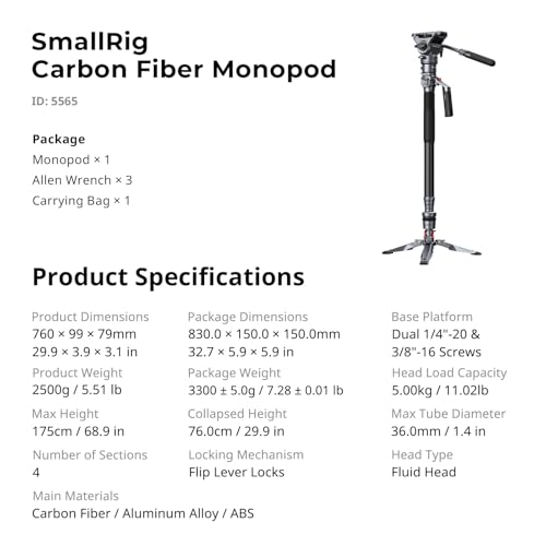 SmallRig 68.9"/ 175cm Carbon Fiber Video Monopod for Camera - image 9