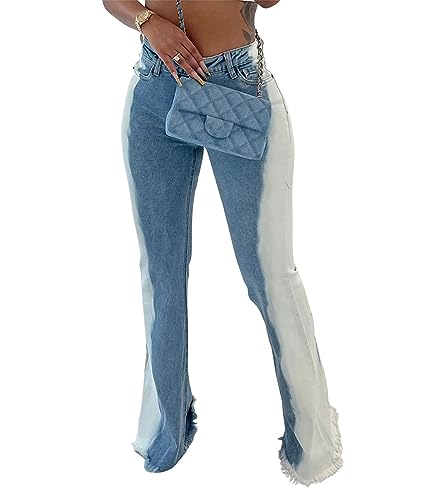 Sexyshine Women's Bell Bottom Jeans High Waist Distressed Tassel Raw Hem Gradient Color Block Flare Wide Leg Denim Pants