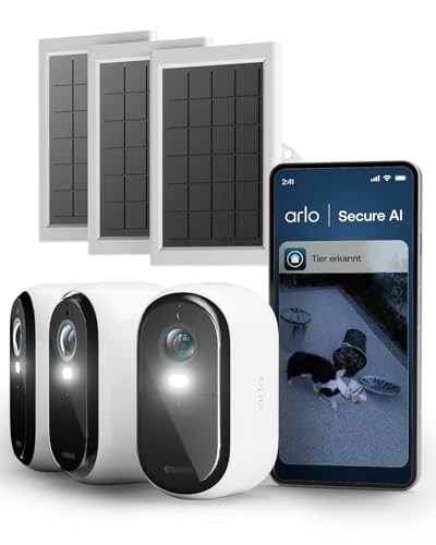 Arlo Essential 3 HD Überwachungskamera Aussen & 3X Solar, Kabellos, 1080p Video, Farbnachtsicht, Licht, Bewegungsmelder, Sirene, 2-Wege Audio, Smart Home + Arlo Secure Plan Testzeitraum, 3er Set