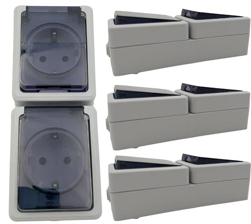 4 Stück 2-Fach Steckdose IP44 mit Klappdeckel 230V Aufputz - Feuchtraumsteckdose Doppelsteckdose für Feuchträume und Außenbereich Grau (Vertikal)