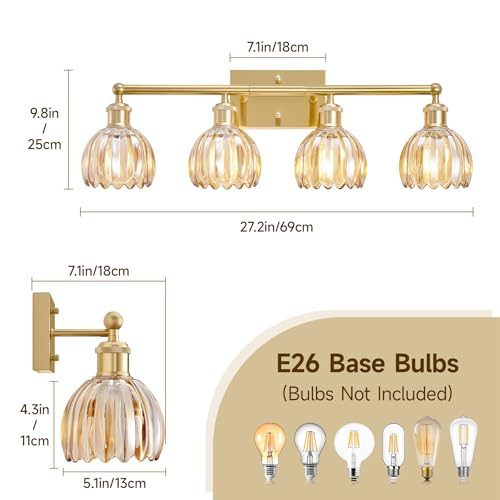 Image of Bathroom Light Fixtures Over Mirror, 27.2 in Vintage Bathroom Light Fixture 4 Light,Antique Brass Wall Sconce with Amber Tulip Glass Shade for Bedroom Living Room,Foyer,Hallway, E26 Base
