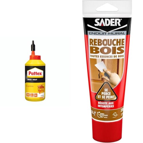 Pattex | Colle Bois Express (biberon de 750 g) – Colle à bois transparente à séchage & Sader Rebouche Bois en Pâte – Enduit de Rebouchage Extérieur et Intérieur – Pour Combler Trous
