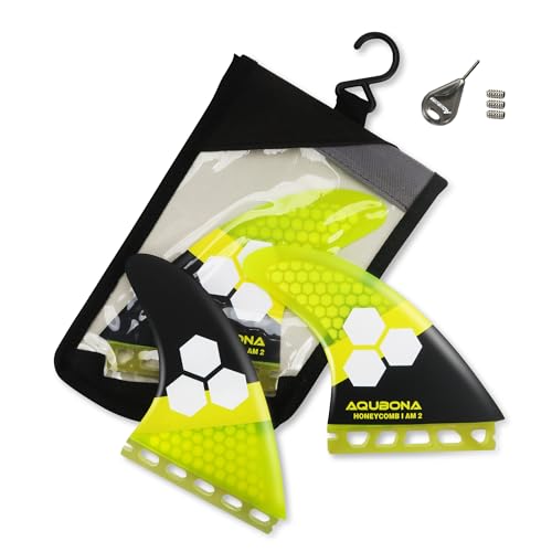 Lonnngg Fiberglass+Honeycomb Surfboard Thruster Fins 3 Fins Set AM2 Surf fins, Compatible with Single Tab Fin Box, Surfing Longboard, Shortboard,with Fin Bag, Screws and Key(Yellow)