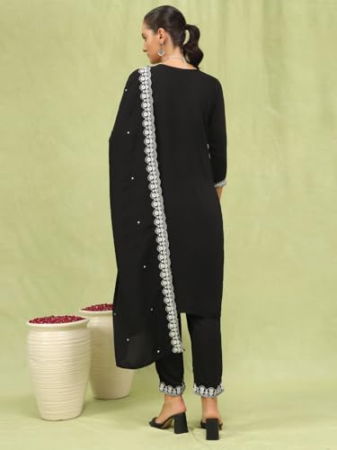 Image of VredeVogel Kurta Set with Dupatta | Viscose Roman Silk Embroidered Kurta Set for Women | Women's Ethnic Casual Kurti Set |Kurta Pant Festive Suit