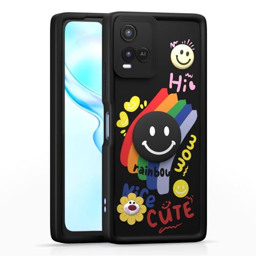Image of Pikkme Back Cover for Vivo Y21 2021 / Y33s | Soft Silicone| Cute Rainbow Smile & 3D Cartoon Flower Design | Shockproof Raised Camera Protection Bumper Case (Black)