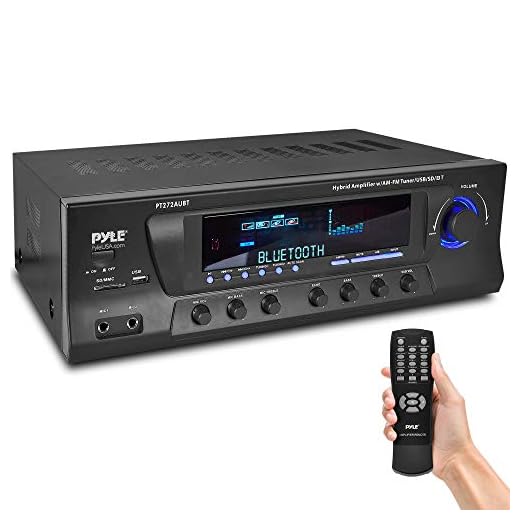 Wireless Bluetooth Audio Power Amplifier - 300W 4 Channel Home Theater Stereo Receiver with USB, AM FM, 2 Mic IN with Echo, RCA, LED, Speaker Selector - For Studio, Home Use - Pyle PT272AUBT