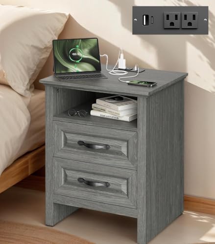 Image of Marsail Nightstand for Bedroom, Night Stand with Charging Station, Bedside Table with 2 Drawers & Open Shelf, Farmhouse End Table Storage Cabinet, Gray