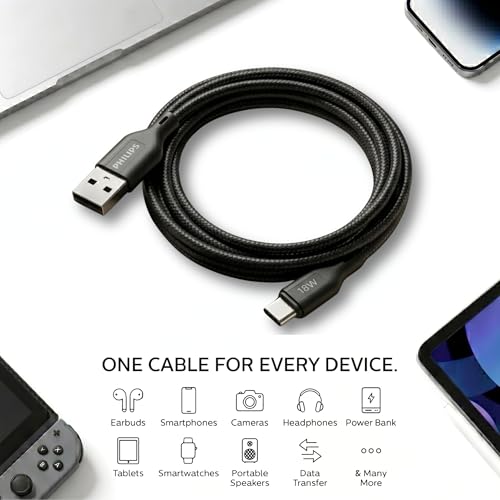 Image of PHILIPS DLC4130AB /94 18W Type-A to Type-C Fast Charging Cable (1m, Dark Slate) | Nylon Braided | Compatible with iPhone 15+ Series, USB-C iPad Models, Samsung Galaxy & All Type C Devices