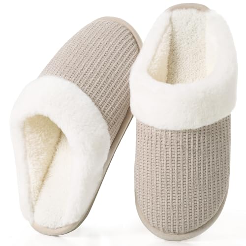 DULCET Slippers for Women,Memory Foam with Fuzzy Collar Indoor House Slippers Bedroom Non-slip Plush Slippers/Beige