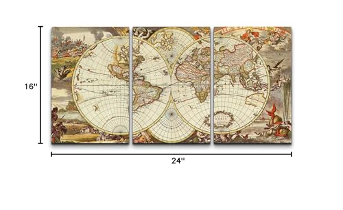 wall26 - 3 Panel Canvas Wall Art - Vintage World Map - Giclee Print Gallery Wrap Modern Home Art Ready to Hang - 16"x24" x 3 Panels